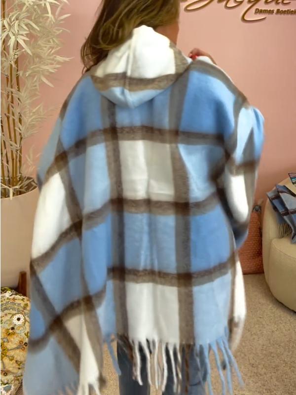 Women's Hooded Long-sleeved Plaid Tassel Cape Coat