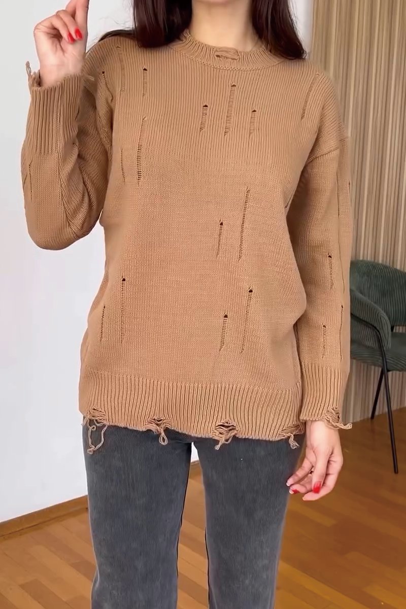 Women's solid color ripped knit sweater