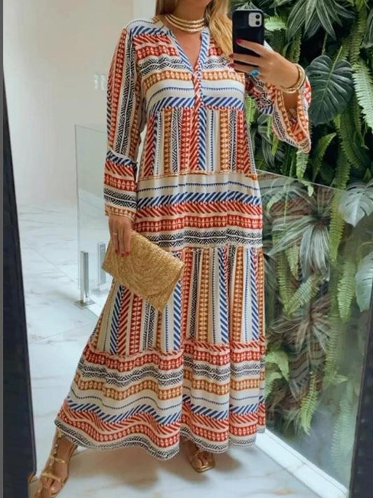 Women's casual resort printed V-neck long dress