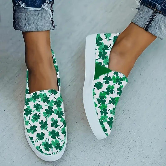 Women's Clover Pattern Slip On Canvas Sneakers Round Toe Low Cut Casual Shoes For Leisure Walking