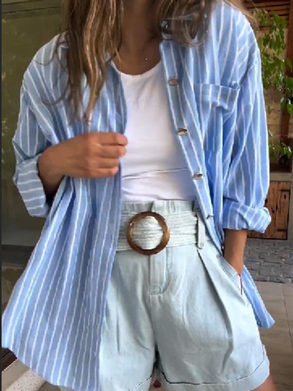 Women's casual cotton and linen striped shirt tops