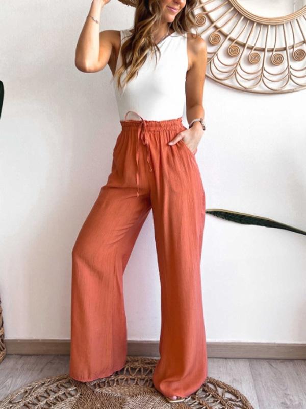 Women's Casual Stretch Drawstring Solid Color Wide Leg Pants