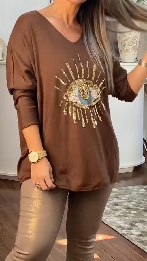 Women's Casual Loose Sequin Eyes Long Sleeve Top