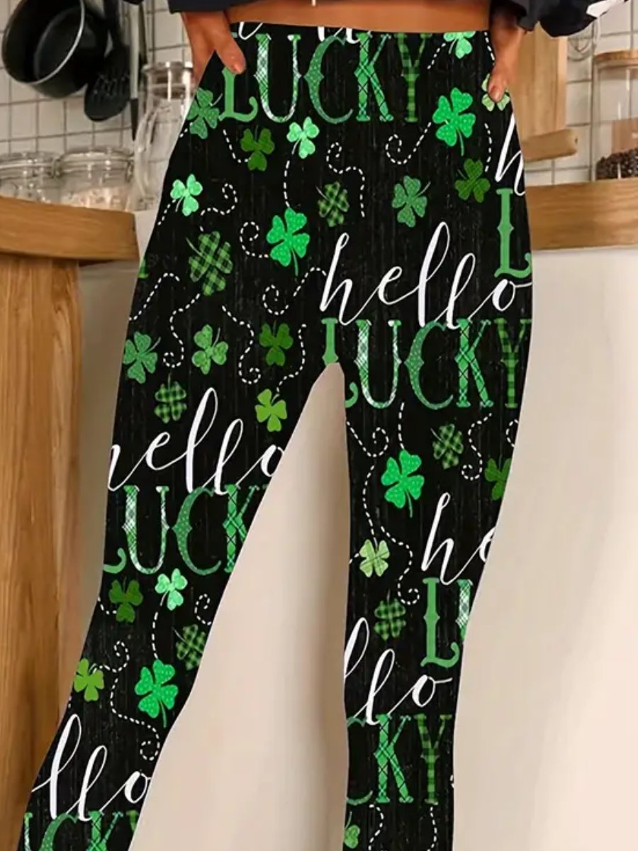 Women's Casual Elastic Waist Stretchy Clover Print Skinny Leggings