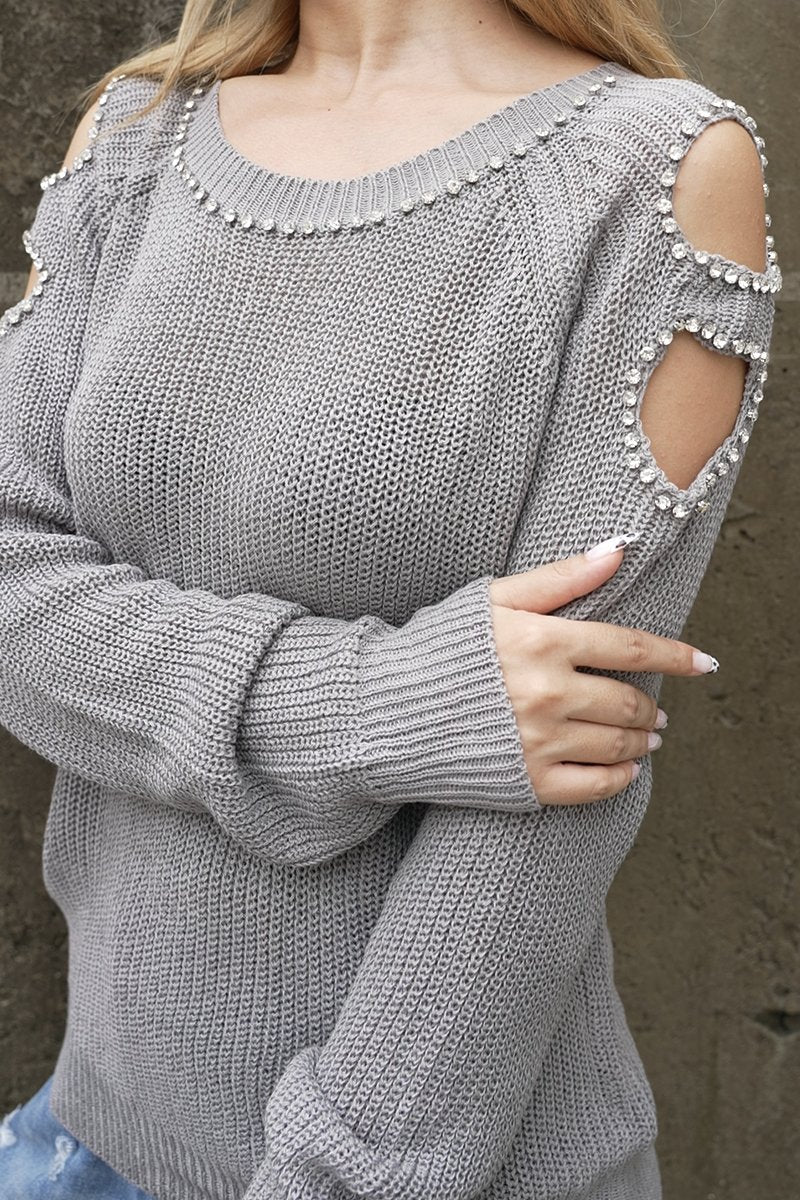 Women's knitted off-shoulder beaded sweater