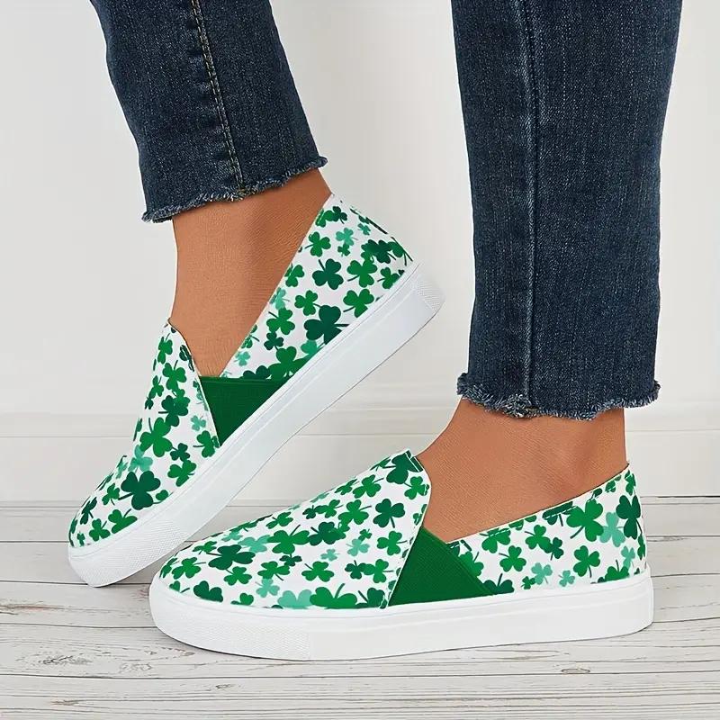 Women's Clover Pattern Slip On Canvas Sneakers Round Toe Low Cut Casual Shoes For Leisure Walking