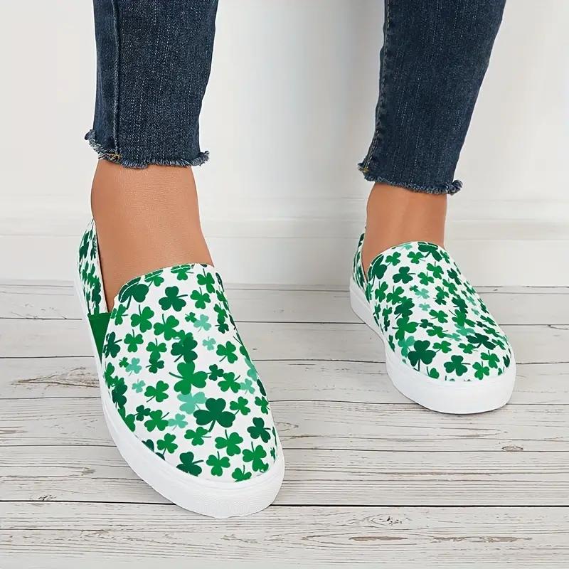 Women's Clover Pattern Slip On Canvas Sneakers Round Toe Low Cut Casual Shoes For Leisure Walking