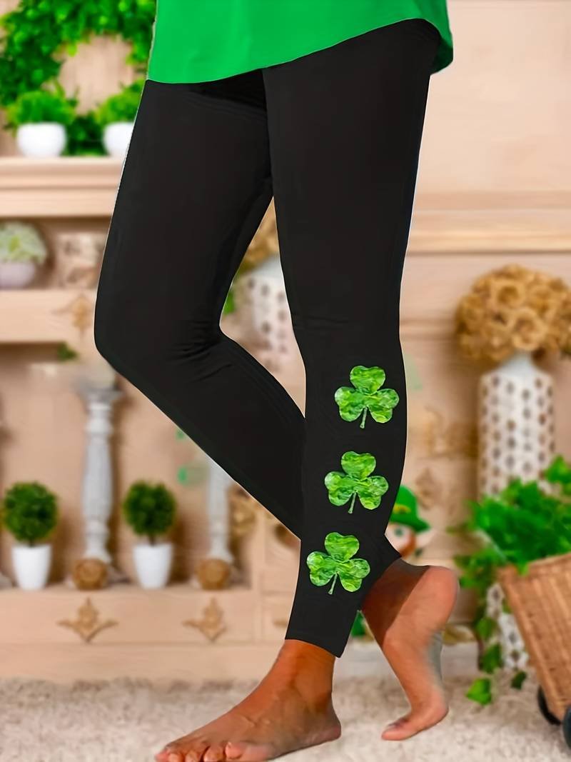 Women's Casual Elastic Waist Stretchy Clover Print Skinny Leggings