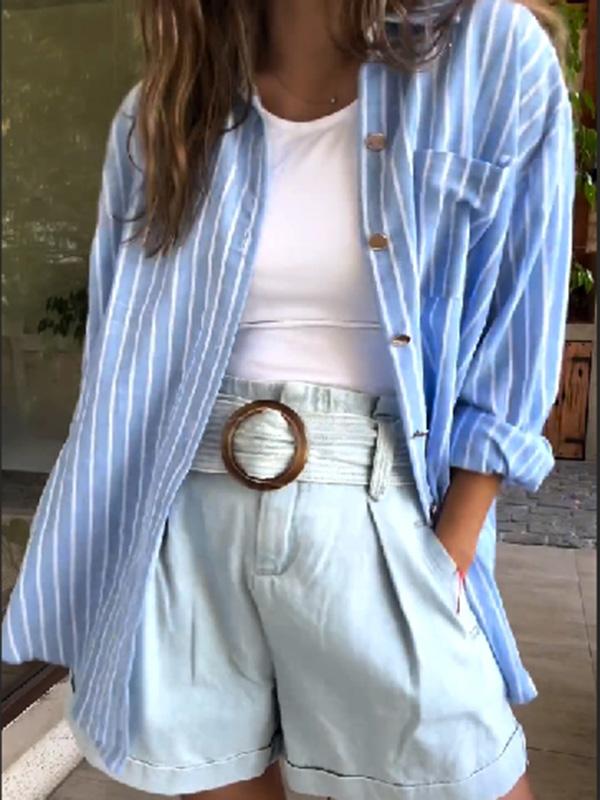 Women's casual cotton and linen striped shirt tops