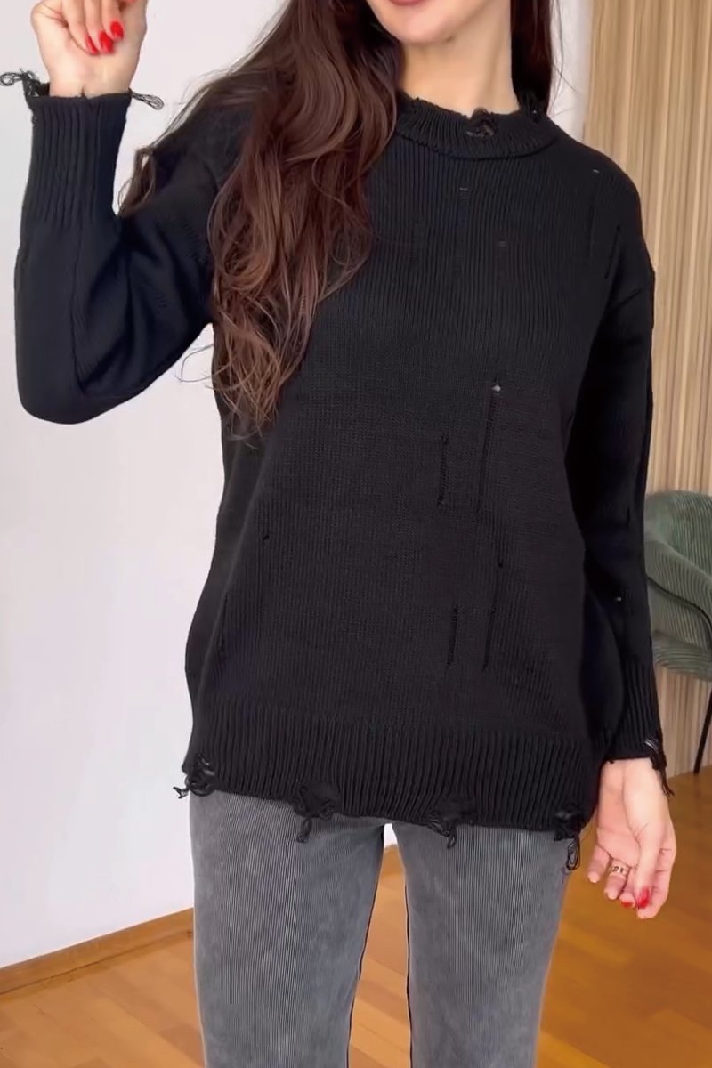 Women's solid color ripped knit sweater