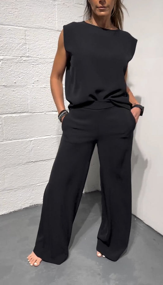 Satin Sleeveless Top and Straight Pants Suit