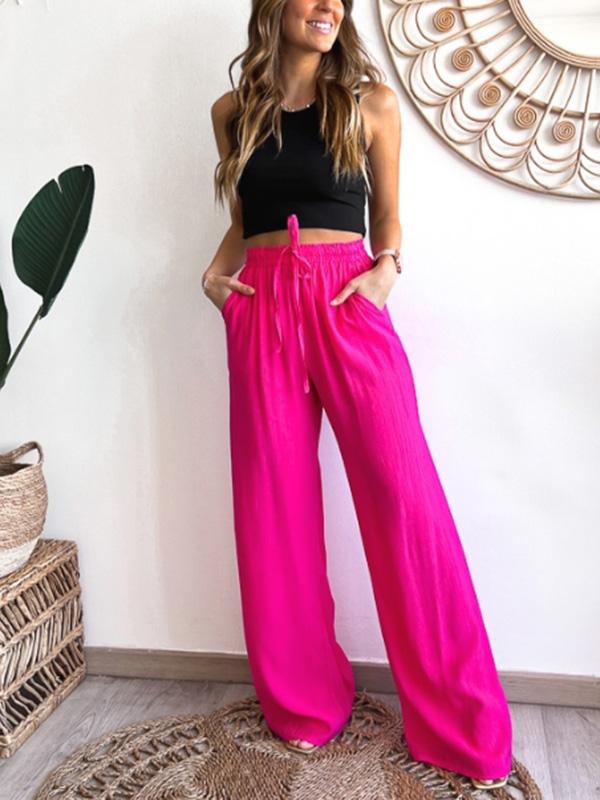 Women's Casual Stretch Drawstring Solid Color Wide Leg Pants