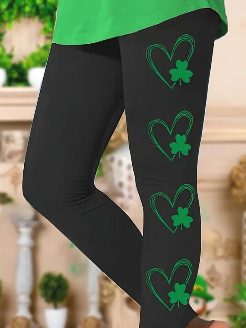 Women's Casual Elastic Waist Stretchy Clover Print Skinny Leggings