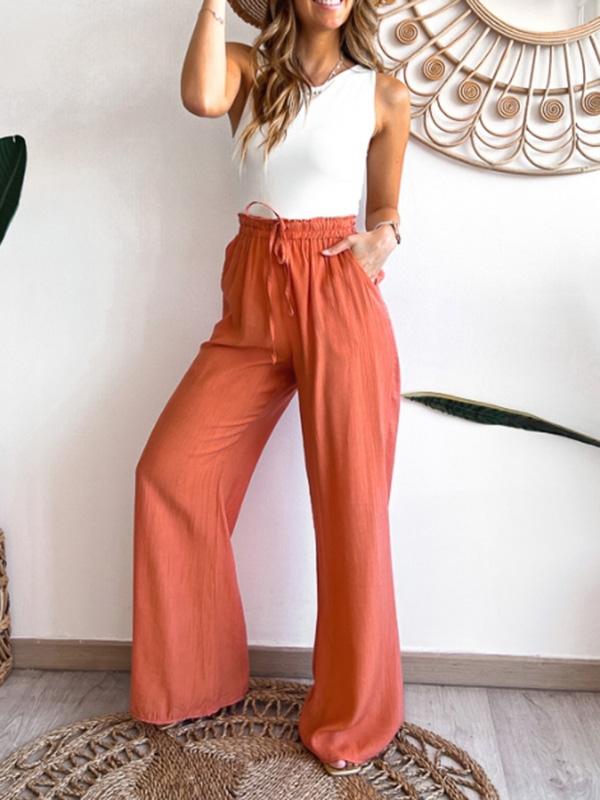 Women's Casual Stretch Drawstring Solid Color Wide Leg Pants